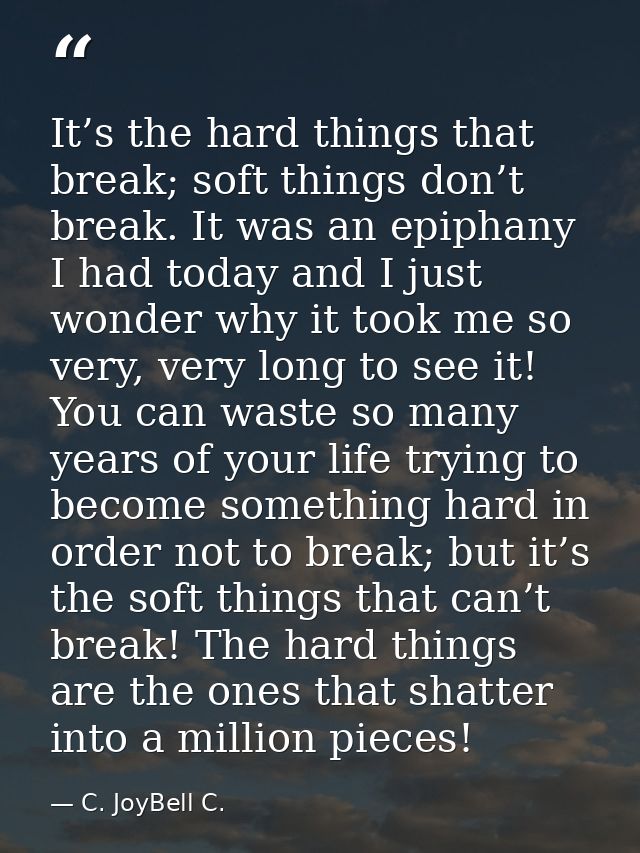 It’s the hard things that break; soft things don’t break. It was an epiphany I had today and I just wonder why it took m — C. JoyBell C.
