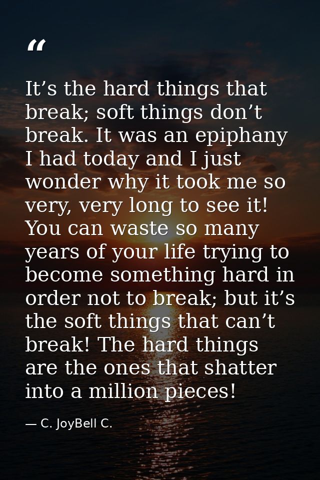 It’s the hard things that break; soft things don’t break. It was an epiphany I had today and I just wonder why it took m — C. JoyBell C.