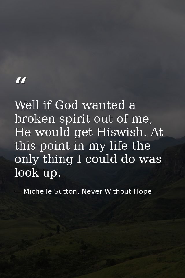 Well if God wanted a broken spirit out of me, He would get Hiswish. At this point in my life the only thing I could do w — Michelle Sutton, Never Without Hope