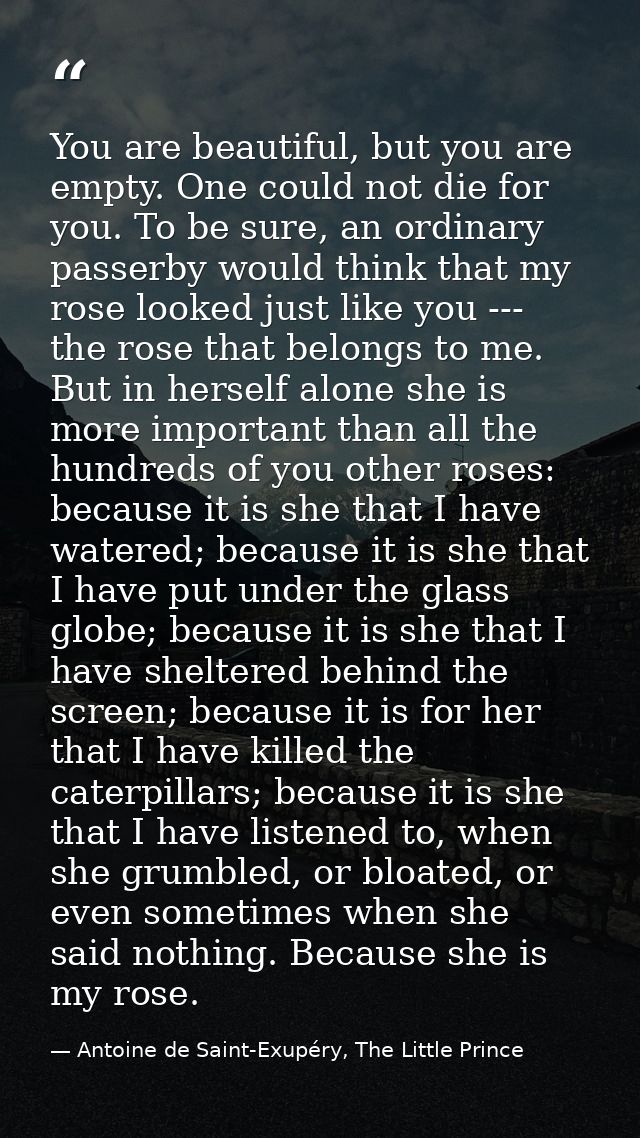 You are beautiful, but you are empty. One could not die for you. To be sure, an ordinary passerby would think that my ro — Antoine de Saint-Exupéry, The Little Prince