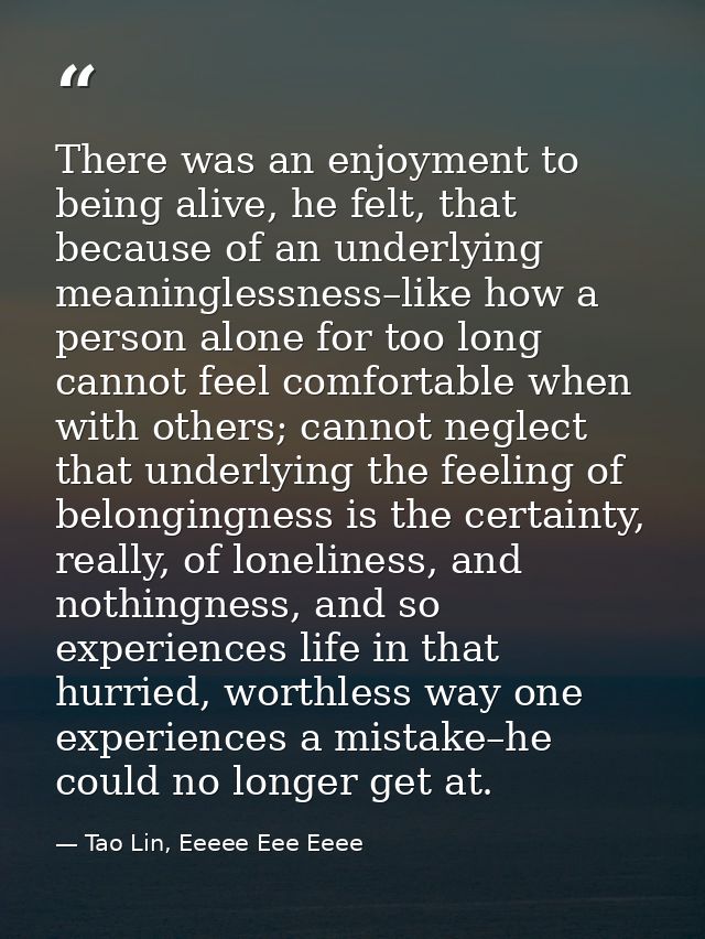 There was an enjoyment to being alive, he felt, that because of an underlying meaninglessness–like how a person alone fo — Tao Lin, Eeeee Eee Eeee