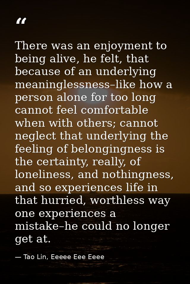 There was an enjoyment to being alive, he felt, that because of an underlying meaninglessness–like how a person alone fo — Tao Lin, Eeeee Eee Eeee