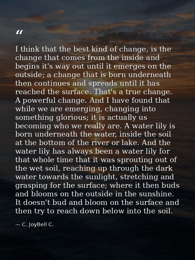 I think that the best kind of change, is the change that comes from the inside and begins it's way out until it emerges  — C. JoyBell C.
