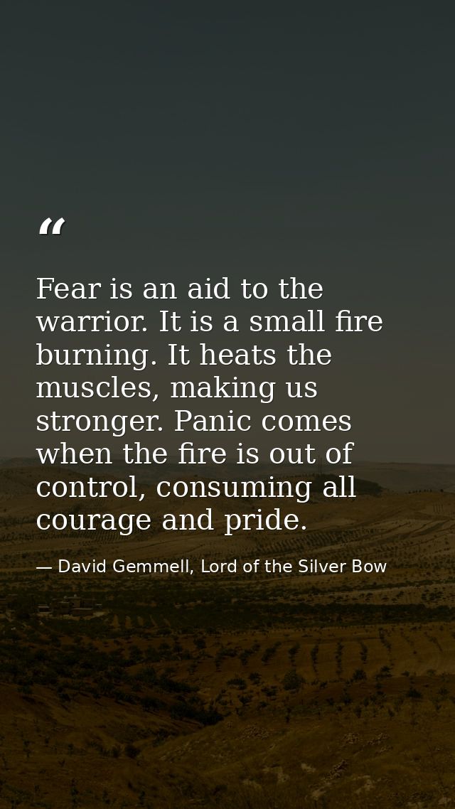 Fear is an aid to the warrior. It is a small fire burning. It heats the muscles, making us stronger. Panic comes when th — David Gemmell, Lord of the Silver Bow