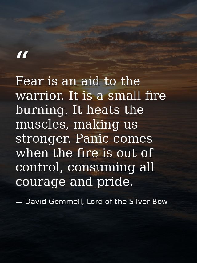 Fear is an aid to the warrior. It is a small fire burning. It heats the muscles, making us stronger. Panic comes when th — David Gemmell, Lord of the Silver Bow