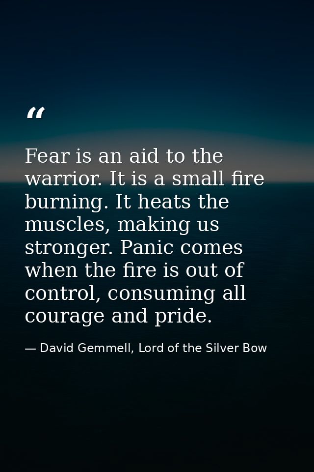Fear is an aid to the warrior. It is a small fire burning. It heats the muscles, making us stronger. Panic comes when th — David Gemmell, Lord of the Silver Bow