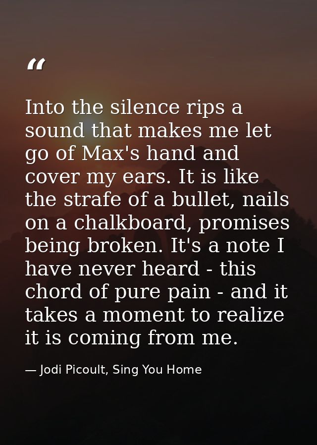 Into the silence rips a sound that makes me let go of Max's hand and cover my ears. It is like the strafe of a bullet, n — Jodi Picoult, Sing You Home