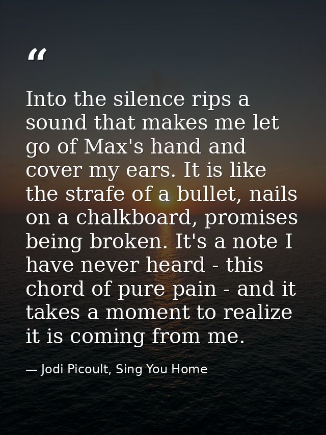 Into the silence rips a sound that makes me let go of Max's hand and cover my ears. It is like the strafe of a bullet, n — Jodi Picoult, Sing You Home