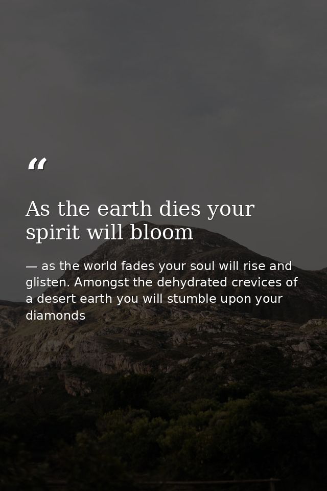 As the earth dies your spirit will bloom — as the world fades your soul will rise and glisten. Amongst the dehydrated crevices of a desert earth you will stumble upon your diamonds