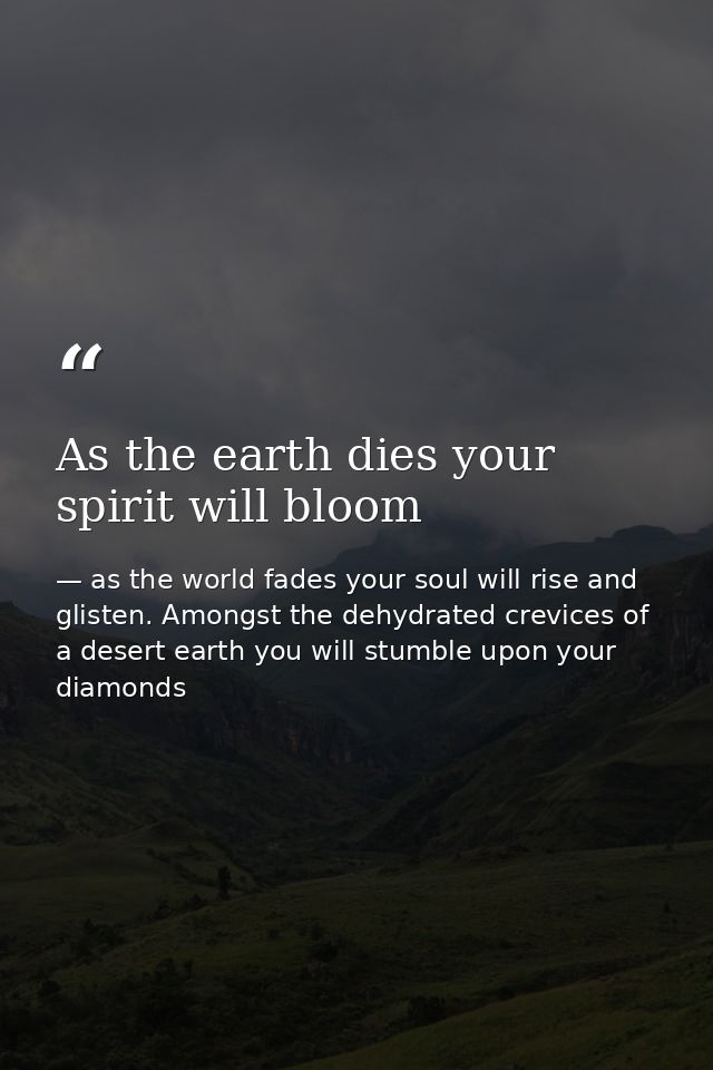 As the earth dies your spirit will bloom — as the world fades your soul will rise and glisten. Amongst the dehydrated crevices of a desert earth you will stumble upon your diamonds