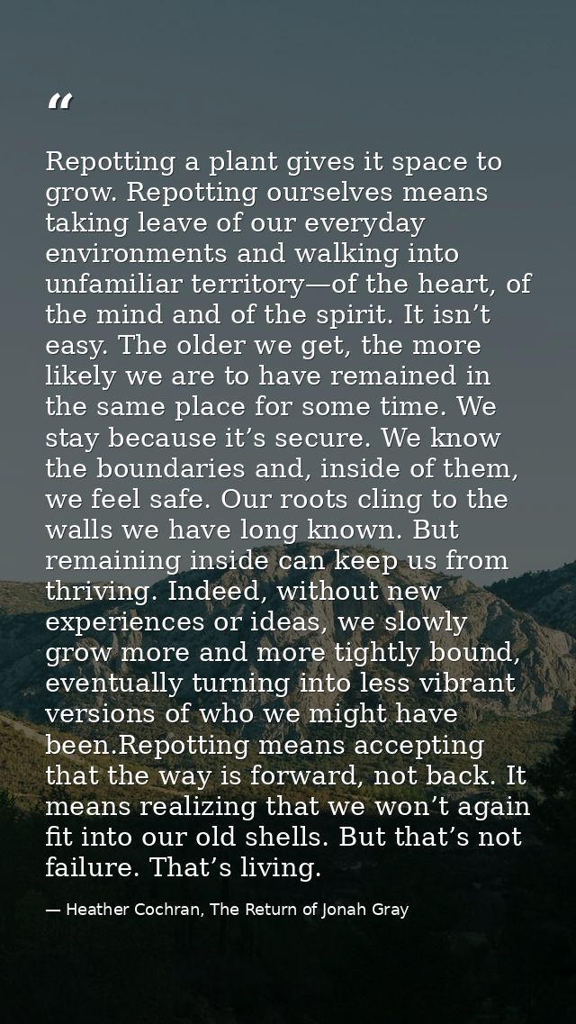 Repotting a plant gives it space to grow. Repotting ourselves means taking leave of our everyday environments and walkin — Heather Cochran, The Return of Jonah Gray