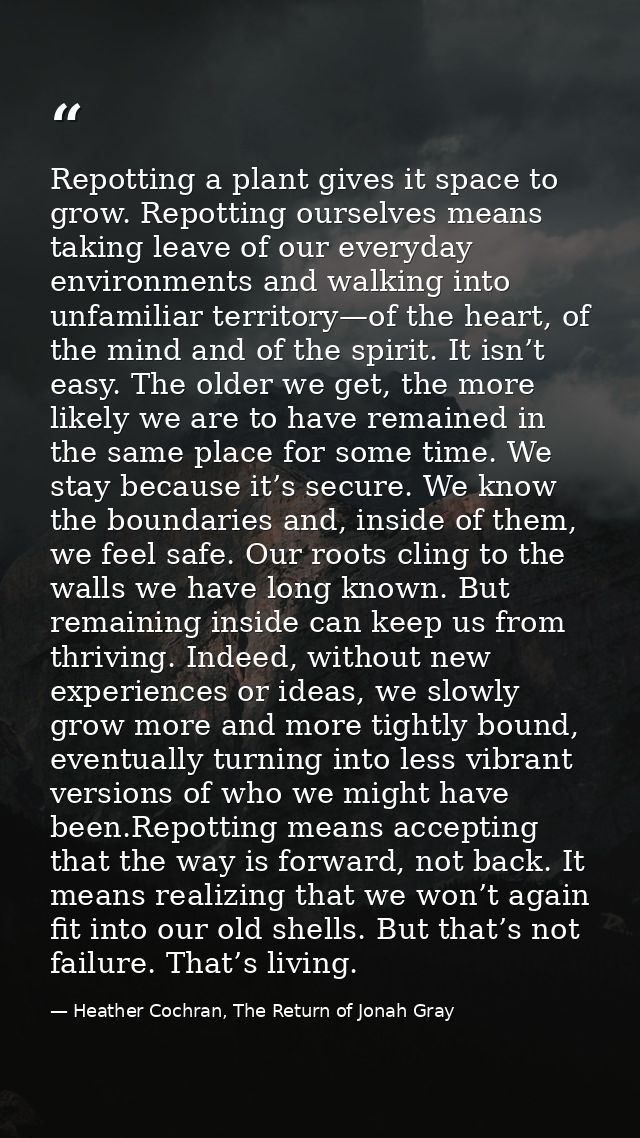 Repotting a plant gives it space to grow. Repotting ourselves means taking leave of our everyday environments and walkin — Heather Cochran, The Return of Jonah Gray