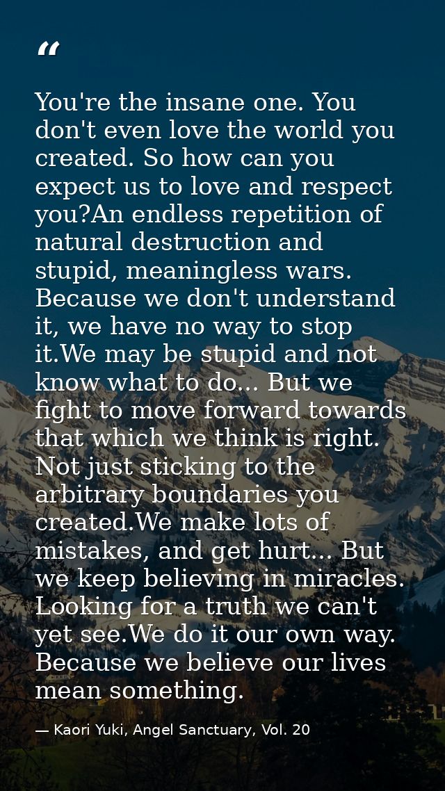 You're the insane one. You don't even love the world you created. So how can you expect us to love and respect you?An en — Kaori Yuki, Angel Sanctuary, Vol. 20