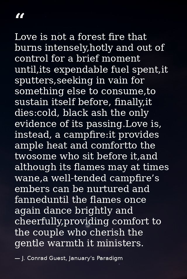 Love is not a forest fire that burns intensely,hotly and out of control for a brief moment until,its expendable fuel spe — J. Conrad Guest, January's Paradigm