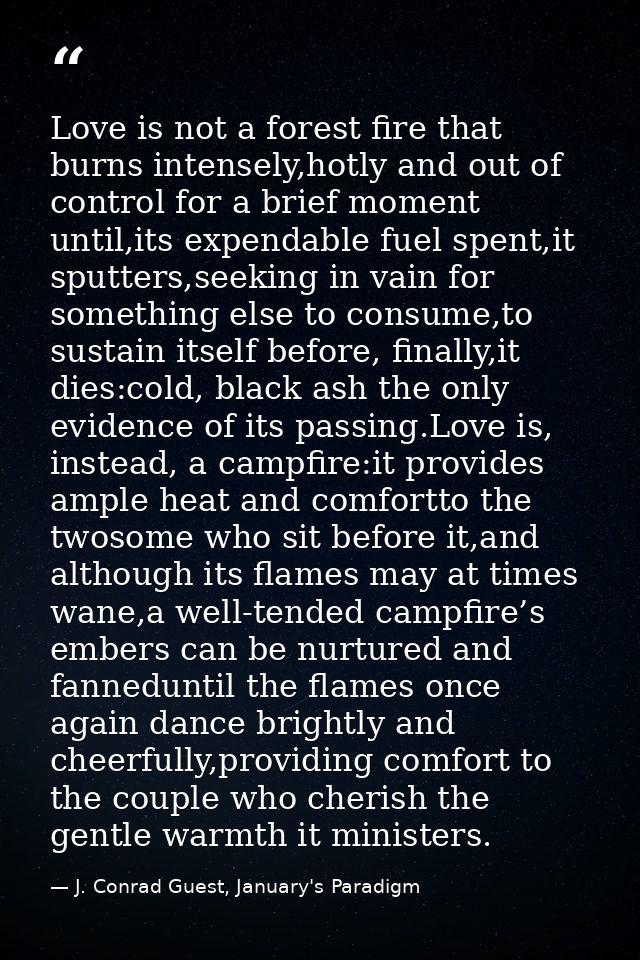 Love is not a forest fire that burns intensely,hotly and out of control for a brief moment until,its expendable fuel spe — J. Conrad Guest, January's Paradigm