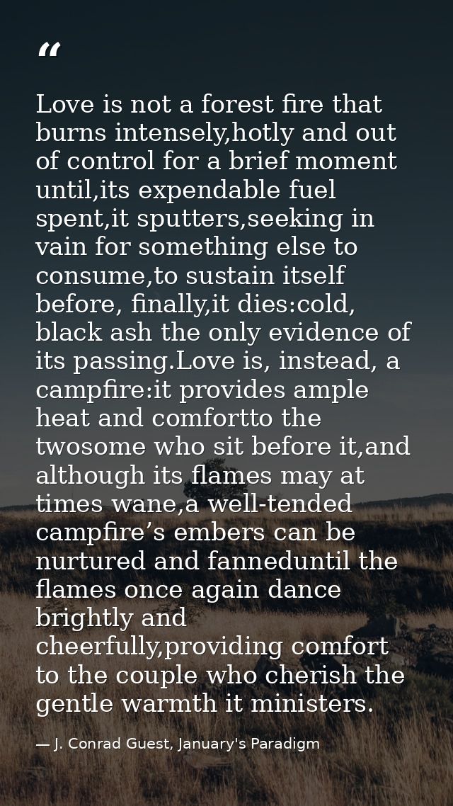 Love is not a forest fire that burns intensely,hotly and out of control for a brief moment until,its expendable fuel spe — J. Conrad Guest, January's Paradigm