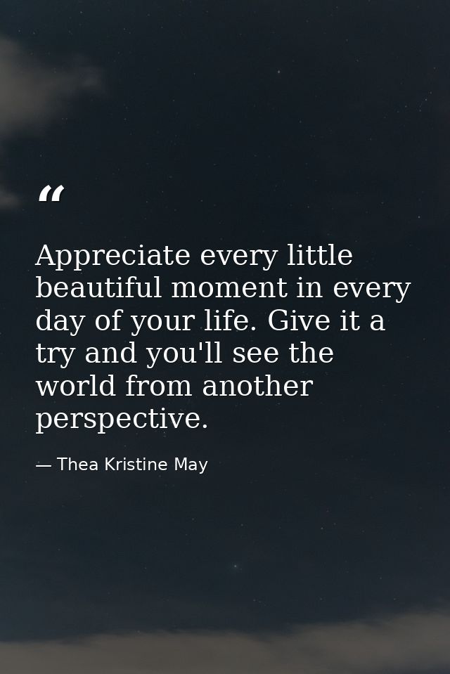 Appreciate every little beautiful moment in every day of your life. Give it a try and you'll see the world from another  — Thea Kristine May