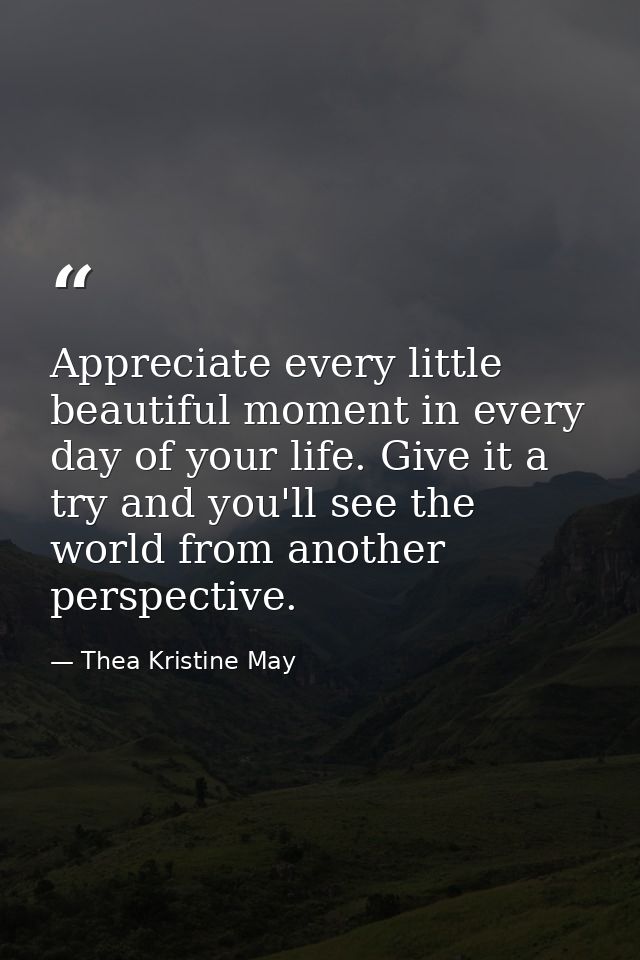 Appreciate every little beautiful moment in every day of your life. Give it a try and you'll see the world from another  — Thea Kristine May