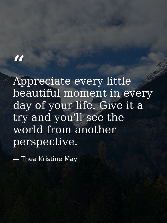 Appreciate every little beautiful moment in every day of your life. Give it a try and you'll see the world from another  — Thea Kristine May
