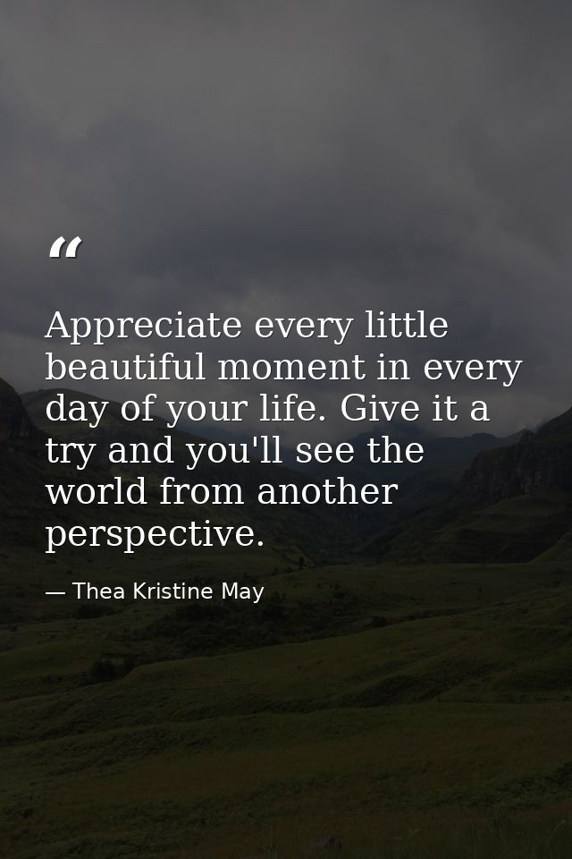 Appreciate every little beautiful moment in every day of your life. Give it a try and you'll see the world from another  — Thea Kristine May
