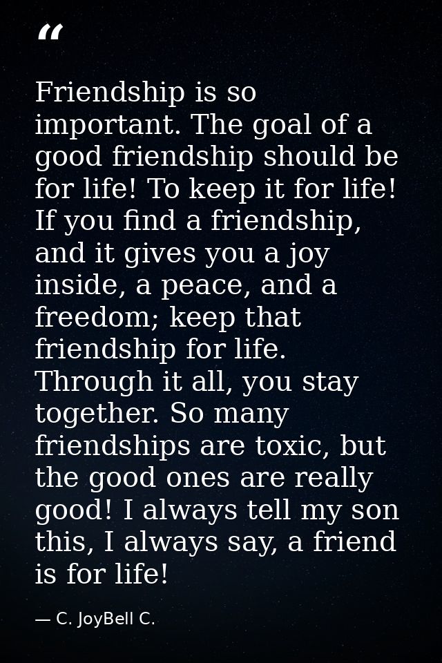 Friendship is so important. The goal of a good friendship should be for life! To keep it for life! If you find a friends — C. JoyBell C.