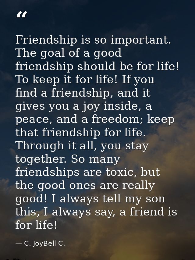 Friendship is so important. The goal of a good friendship should be for life! To keep it for life! If you find a friends — C. JoyBell C.