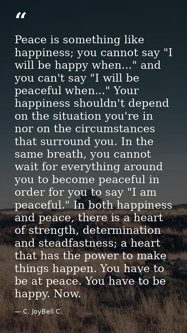 Peace is something like happiness; you cannot say "I will be happy when..." and you can't say "I will be peaceful when.. — C. JoyBell C.