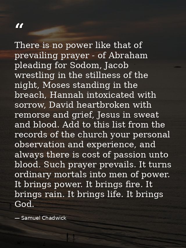 There is no power like that of prevailing prayer - of Abraham pleading for Sodom, Jacob wrestling in the stillness of th — Samuel Chadwick