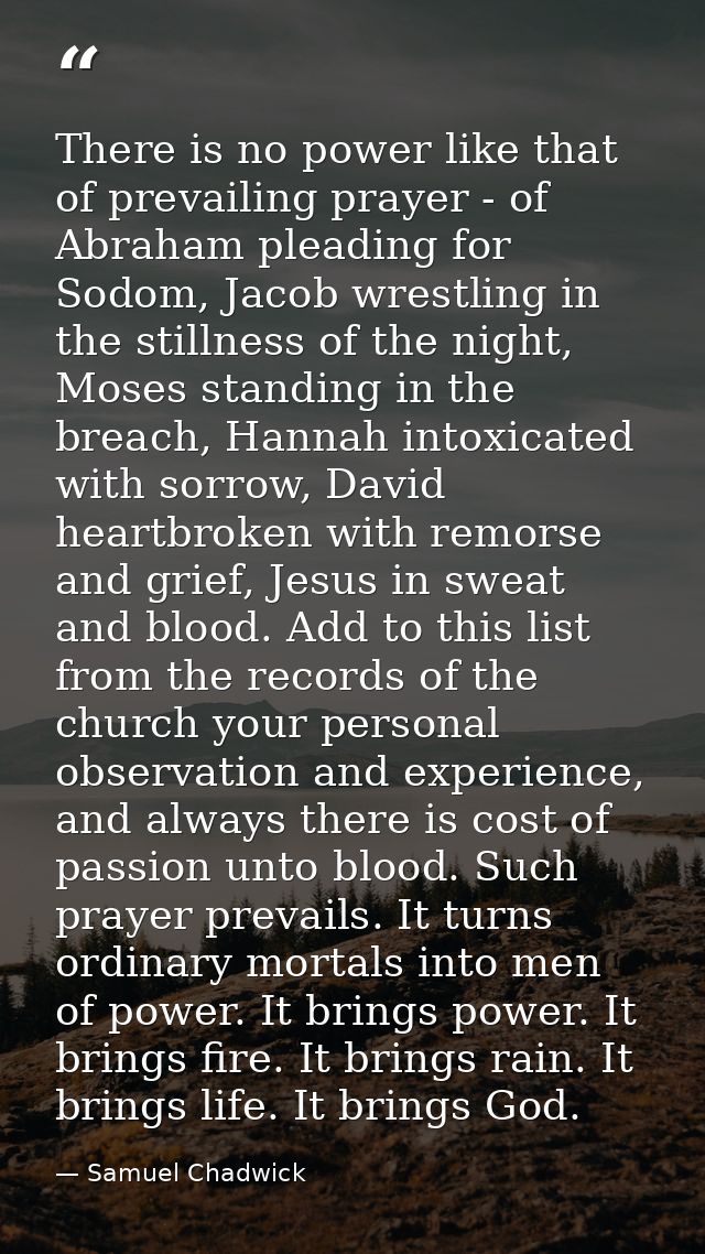 There is no power like that of prevailing prayer - of Abraham pleading for Sodom, Jacob wrestling in the stillness of th — Samuel Chadwick
