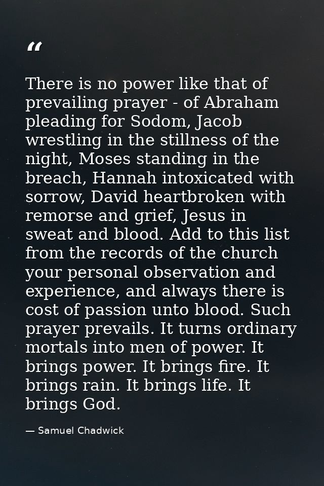 There is no power like that of prevailing prayer - of Abraham pleading for Sodom, Jacob wrestling in the stillness of th — Samuel Chadwick