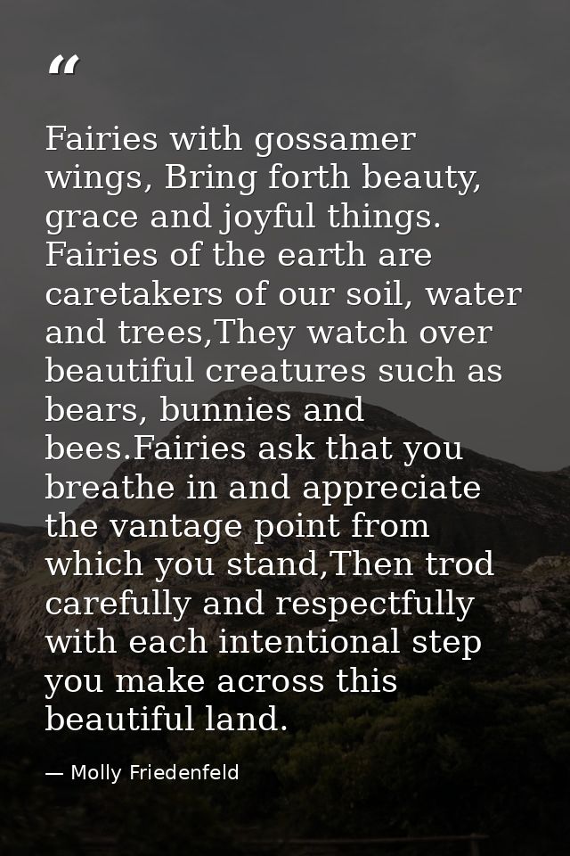 Fairies with gossamer wings, Bring forth beauty, grace and joyful things. Fairies of the earth are caretakers of our soi — Molly Friedenfeld