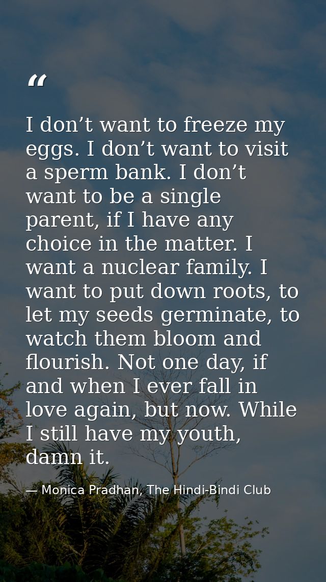 I don’t want to freeze my eggs. I don’t want to visit a sperm bank. I don’t want to be a single parent, if I have any ch — Monica Pradhan, The Hindi-Bindi Club