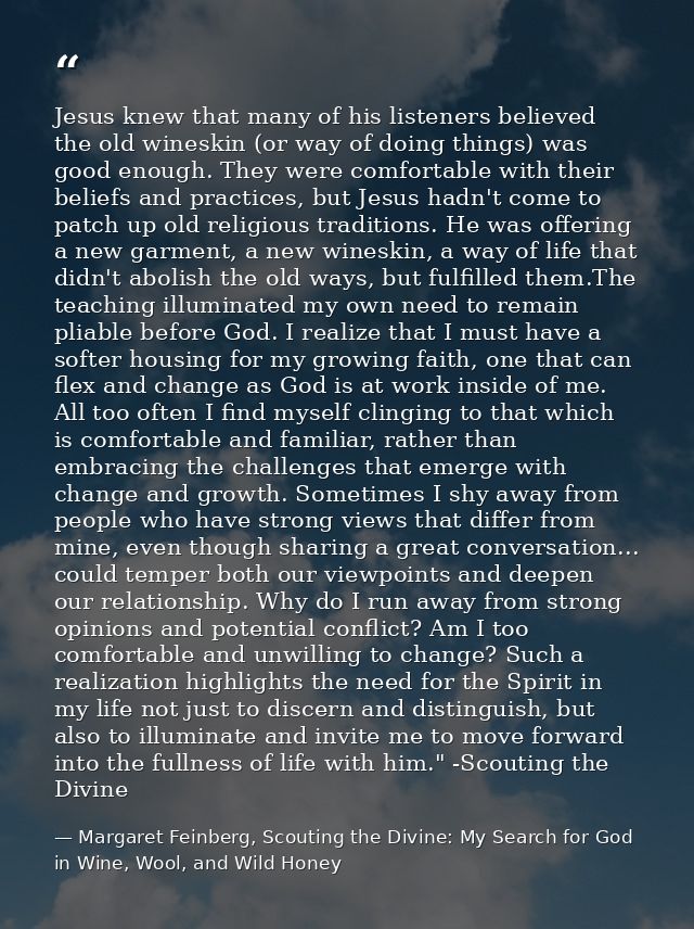 Jesus knew that many of his listeners believed the old wineskin (or way of doing things) was good enough. They were comf — Margaret Feinberg, Scouting the Divine: My Search for God in Wine, Wool, and Wild Honey