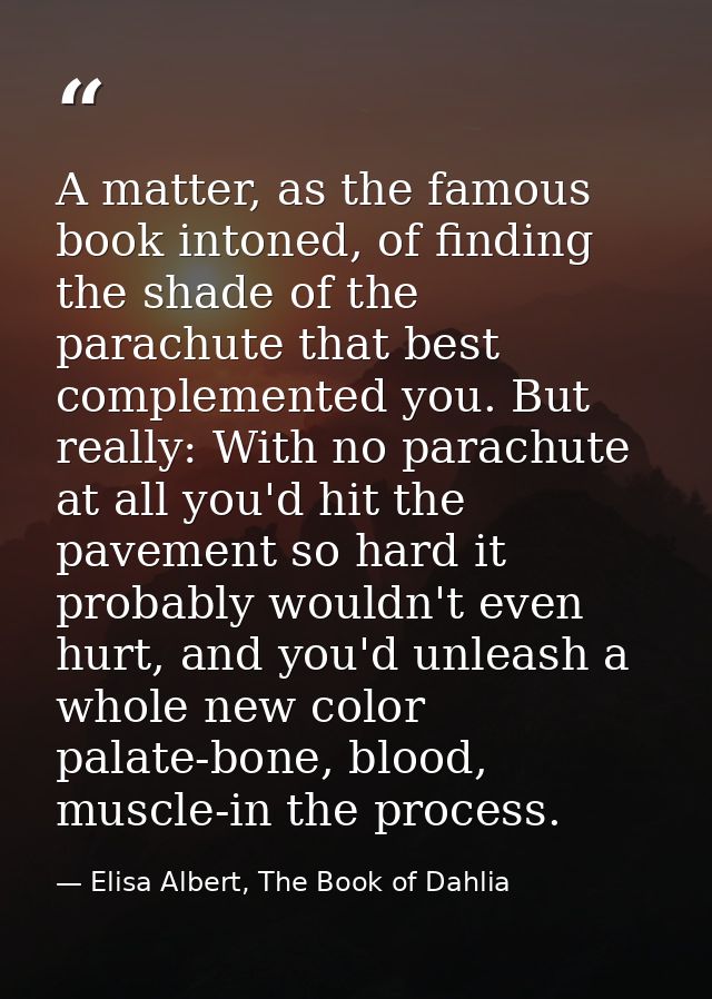 A matter, as the famous book intoned, of finding the shade of the parachute that best complemented you. But really: With — Elisa Albert, The Book of Dahlia