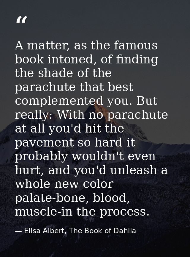 A matter, as the famous book intoned, of finding the shade of the parachute that best complemented you. But really: With — Elisa Albert, The Book of Dahlia