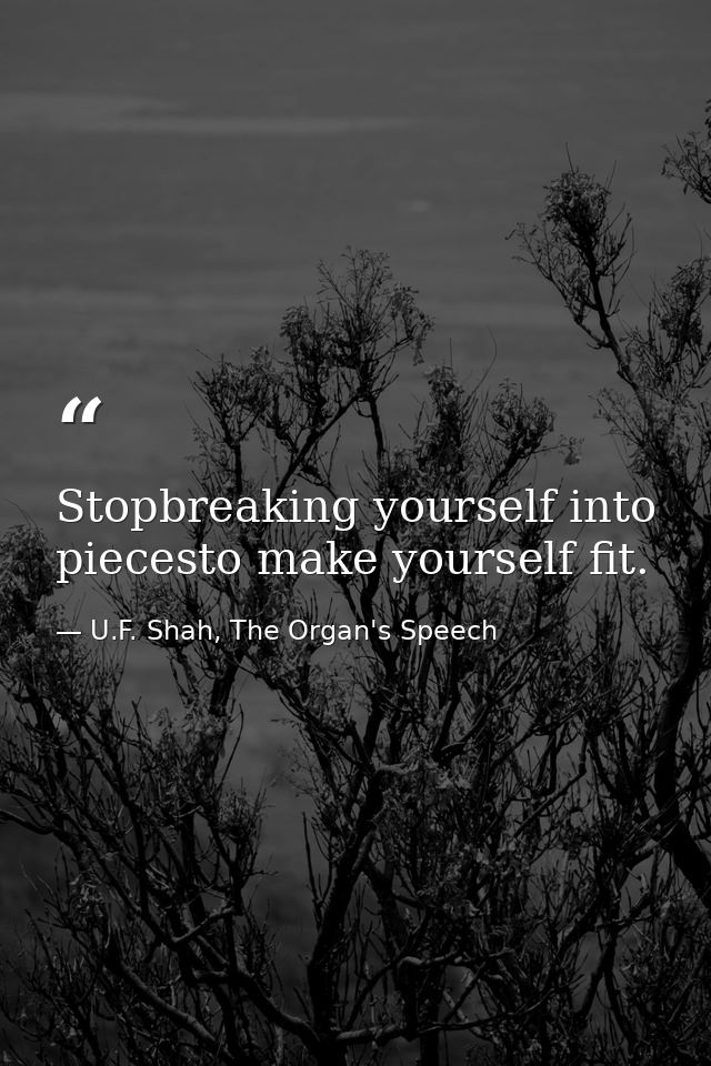 Stopbreaking yourself into piecesto make yourself fit. — U.F. Shah, The Organ's Speech