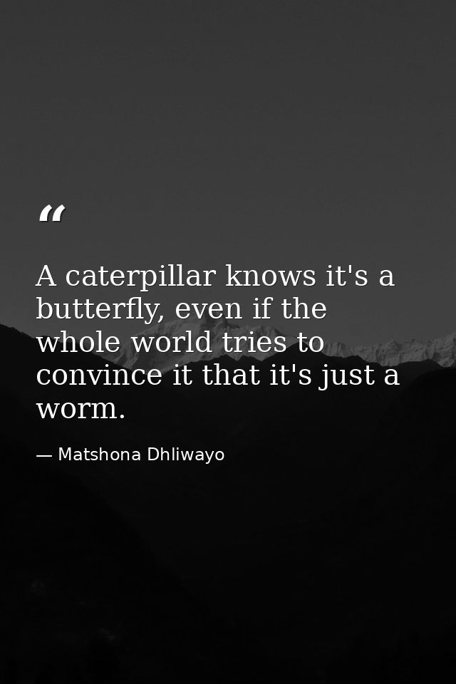 A caterpillar knows it's a butterfly, even if the whole world tries to convince it that it's just a worm. — Matshona Dhliwayo
