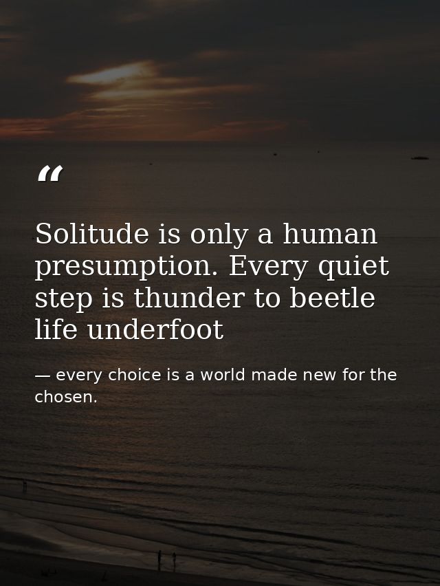 Solitude is only a human presumption. Every quiet step is thunder to beetle life underfoot — every choice is a world made new for the chosen.