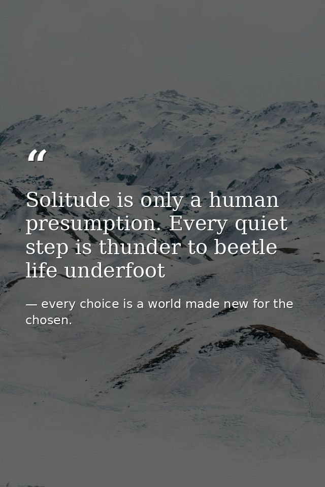 Solitude is only a human presumption. Every quiet step is thunder to beetle life underfoot — every choice is a world made new for the chosen.
