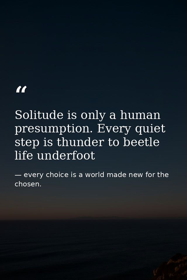 Solitude is only a human presumption. Every quiet step is thunder to beetle life underfoot — every choice is a world made new for the chosen.