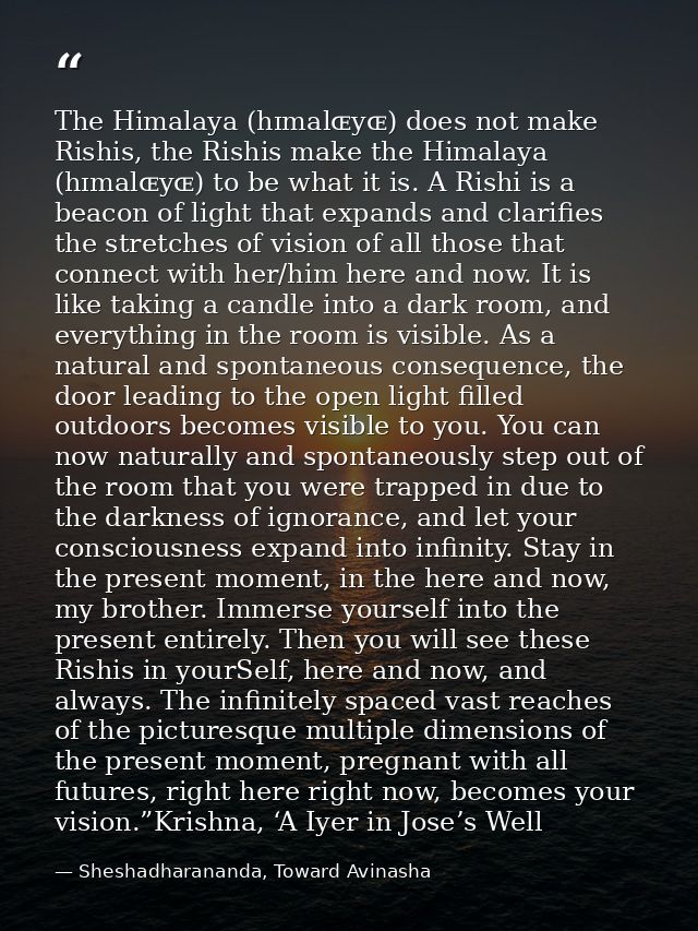 The Himalaya (hɪmalɶyɶ) does not make Rishis, the Rishis make the Himalaya (hɪmalɶyɶ) to be what it is. A Rishi is a bea — Sheshadharananda, Toward Avinasha