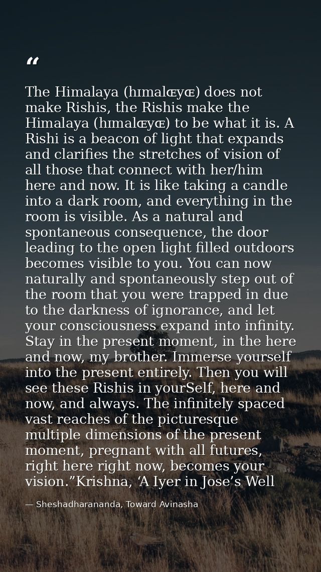 The Himalaya (hɪmalɶyɶ) does not make Rishis, the Rishis make the Himalaya (hɪmalɶyɶ) to be what it is. A Rishi is a bea — Sheshadharananda, Toward Avinasha