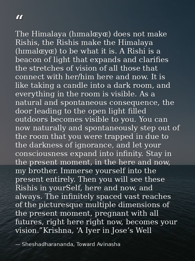 The Himalaya (hɪmalɶyɶ) does not make Rishis, the Rishis make the Himalaya (hɪmalɶyɶ) to be what it is. A Rishi is a bea — Sheshadharananda, Toward Avinasha