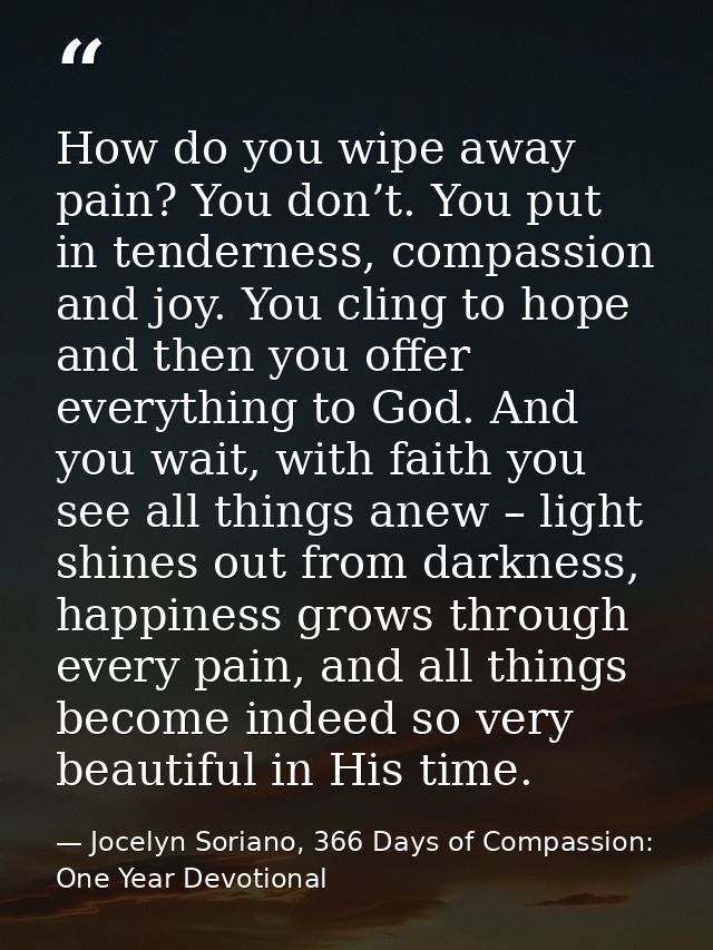 How do you wipe away pain? You don’t. You put in tenderness, compassion and joy. You cling to hope and then you offer ev — Jocelyn Soriano, 366 Days of Compassion: One Year Devotional