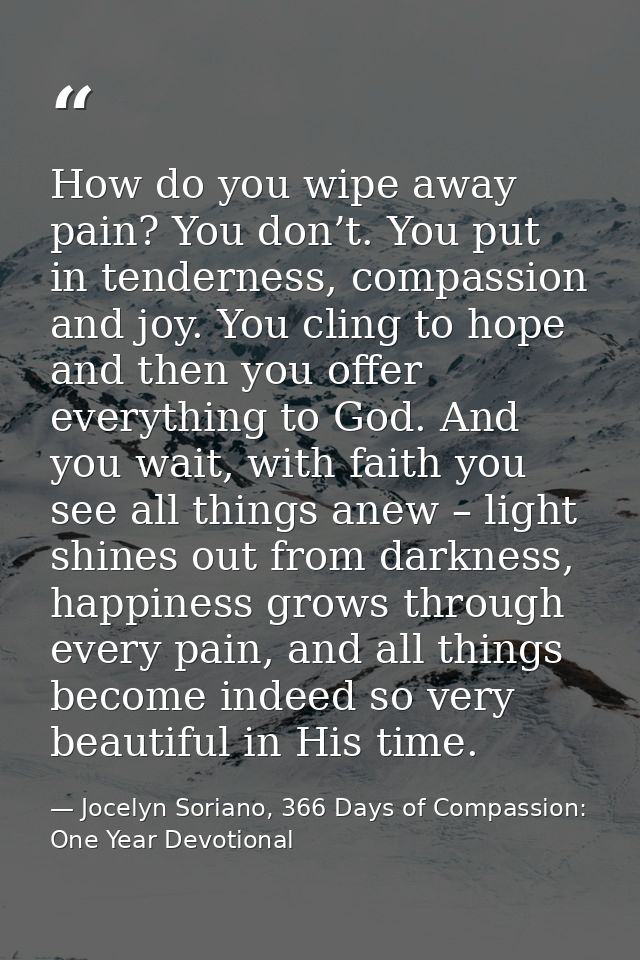 How do you wipe away pain? You don’t. You put in tenderness, compassion and joy. You cling to hope and then you offer ev — Jocelyn Soriano, 366 Days of Compassion: One Year Devotional
