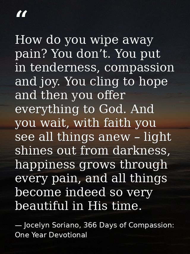 How do you wipe away pain? You don’t. You put in tenderness, compassion and joy. You cling to hope and then you offer ev — Jocelyn Soriano, 366 Days of Compassion: One Year Devotional