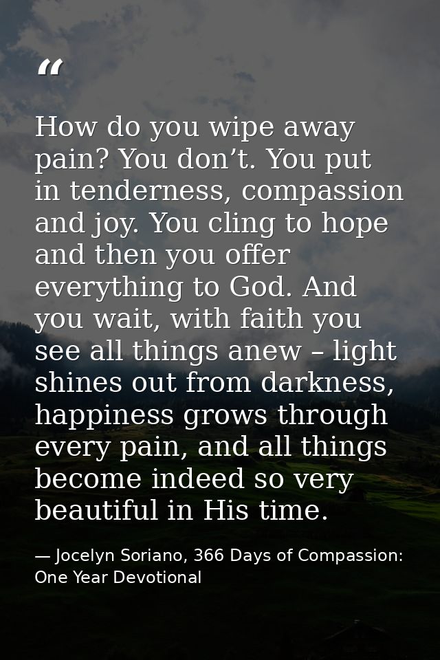 How do you wipe away pain? You don’t. You put in tenderness, compassion and joy. You cling to hope and then you offer ev — Jocelyn Soriano, 366 Days of Compassion: One Year Devotional