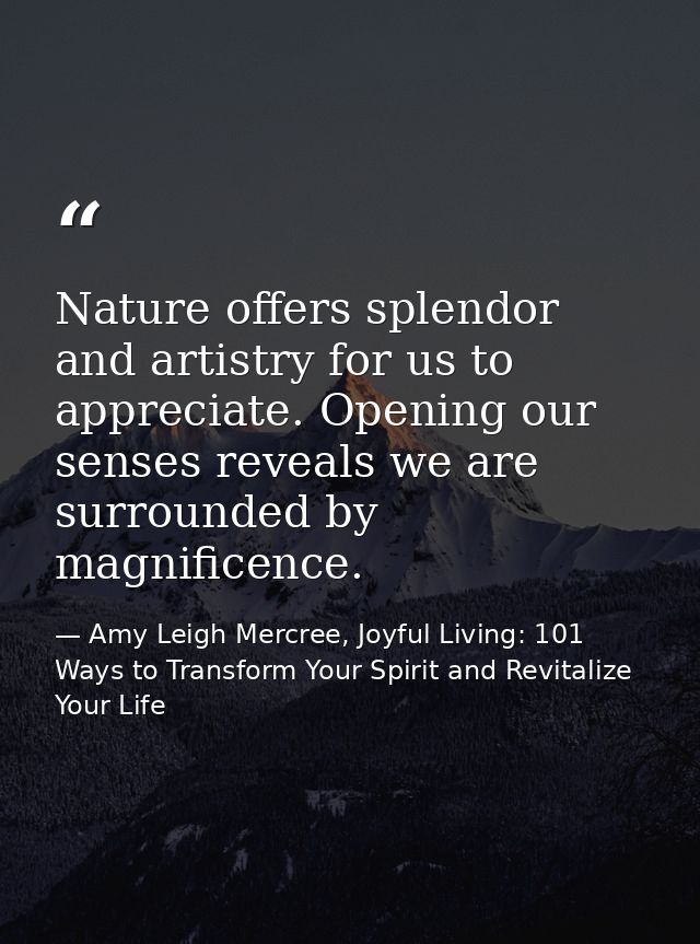 Nature offers splendor and artistry for us to appreciate. Opening our senses reveals we are surrounded by magnificence. — Amy Leigh Mercree, Joyful Living: 101 Ways to Transform Your Spirit and Revitalize Your Life