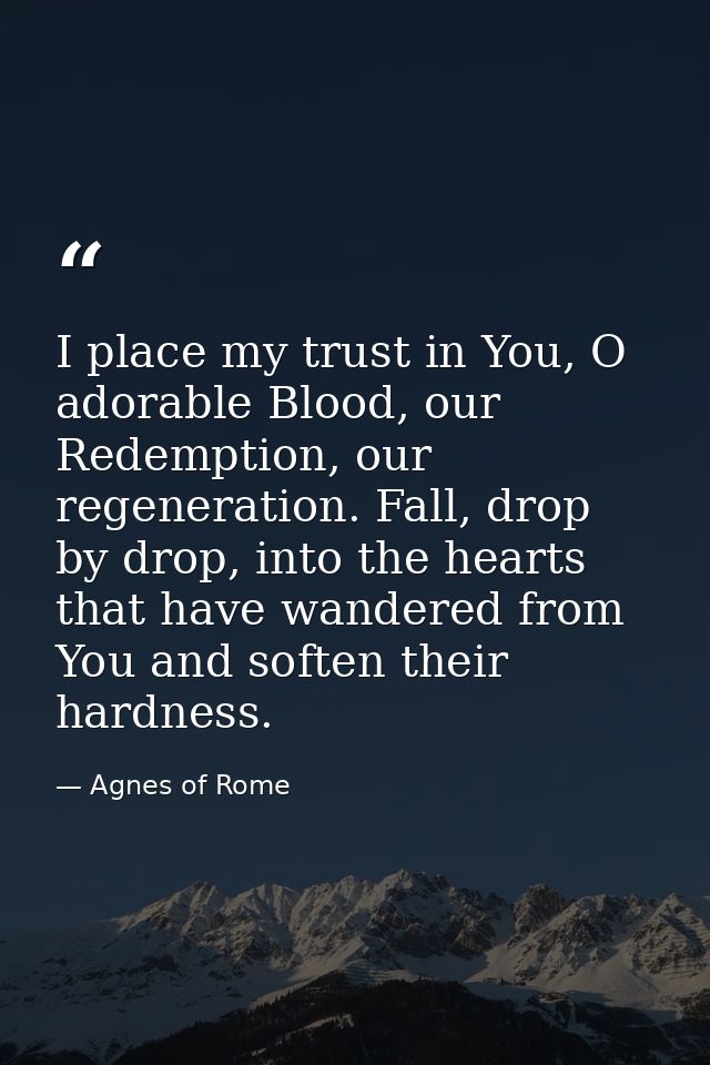 I place my trust in You, O adorable Blood, our Redemption, our regeneration. Fall, drop by drop, into the hearts that ha — Agnes of Rome