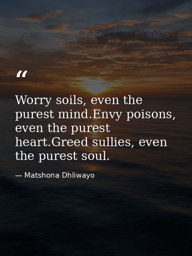 Worry soils, even the purest mind.Envy poisons, even the purest heart.Greed sullies, even the purest soul. — Matshona Dhliwayo